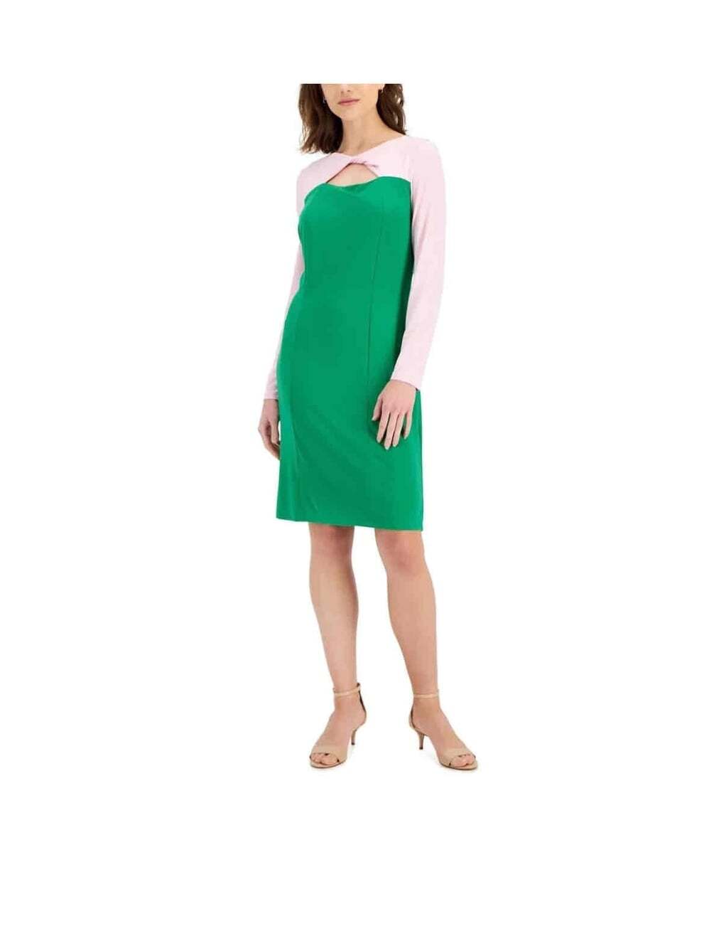 Kasper Womens Colorblock Knot-Neck Bodycon Dress Size L Green Pink New